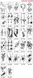 Black temporary tattoo stickers sheet assorted spider snake flower designs 60x105mm waterproof