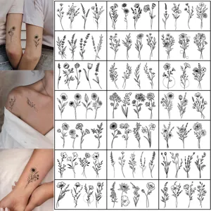 Water Transfer Temporary Tattoo Stickers Black And White Minimalist Floral Geometric Line Art Body Art Fake Tattoo