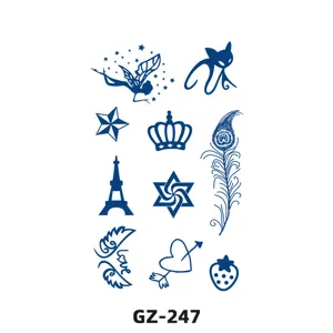 Herbal temporary tattoo sticker sheet with diverse cute blue designs, waterproof.