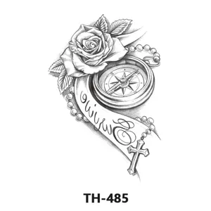 Waterproof temporary tattoo sticker with rose, compass, cross and script, stylish arm art.