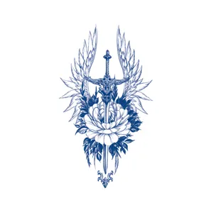 Herbal semi-permanent temporary tattoo sticker with sword wing and flower design for body art.