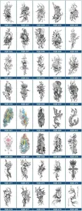 Foglio di tatuaggio temporaneo impermeabile con vari design di animali e fiori in linea.