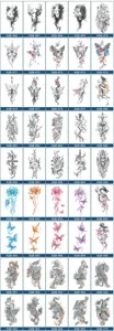 Catalogo di adesivi per tatuaggi temporanei impermeabili con vari motivi floreali.
