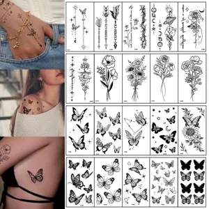 Adesivi per Tatuaggi Temporanei Impermeabili Linea Nera Farfalla Floreale Geometria Minimalista Arte Corporea Adesivo per Tatuaggio Donna Uomo