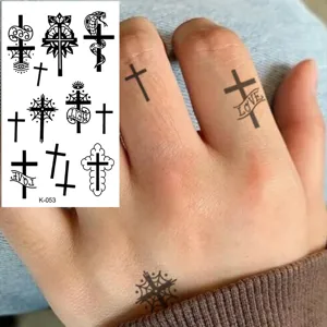 Waterproof temporary tattoo stickers featuring gothic cross, snake and spider web designs.