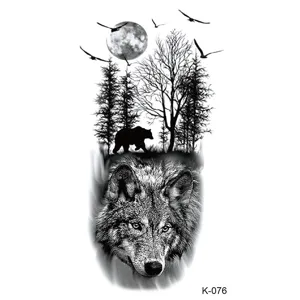 Waterproof temporary tattoo sticker featuring wolf head, forest and moon design for adults.