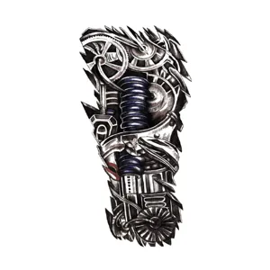 Waterproof temporary mechanical arm tattoo sticker, cybernetic sleeve body art design.