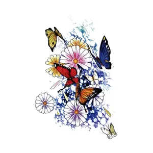 Waterproof temporary tattoo sticker with colorful butterflies and daisy flowers design, main view.