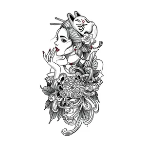 Adesivo per tatuaggio temporaneo impermeabile con design di geisha giapponese e maschera di volpe.