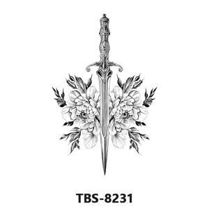 Temporary tattoo sticker featuring black and white dagger and floral design for body art.