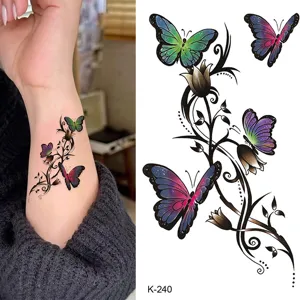 Waterproof temporary tattoo sticker with colorful gradient butterflies and floral vine design.