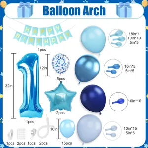 Blauwe ballonboog set met nummer 1 folieballon, verjaardag banner en diverse maten latex ballonnen.