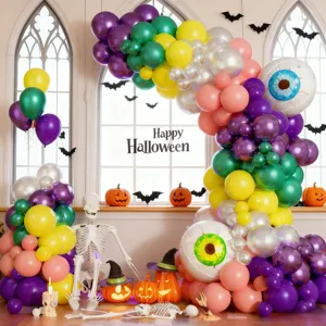 Halloween Balloon Arch Kit Purple Green Latex Foil Balloons Skeleton Eyeball Bat Garland Haunted House Party Decor