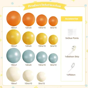 Balloon arch kit size and accessory detail chart showing various color and dimensions.