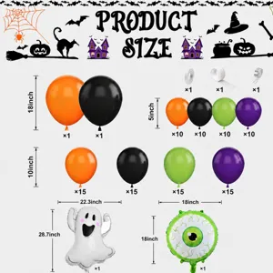 Halloween balloon arch kit with ghost and eyeball foil balloons, orange and black party decor.