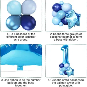 Blauwe verjaardag ballonen set detail stappen tonen nummer één en ster ballon toren montage.