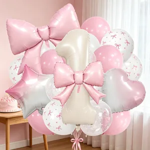 Pastel bow number balloon set for baby 1st birthday party decoration, luxury pink aesthetic.