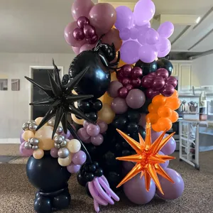 Halloween black purple spider balloon arch kit detail for dark theme party decoration setup