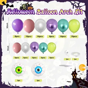Halloween balloon arch kit with purple green balloons, eyeball balloons, and spooky party decor.