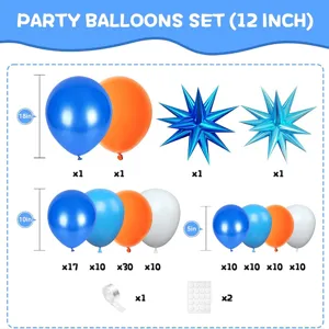 Vista dettagliata del set di palloncini per feste con palloncini blu, arancioni e a stella.