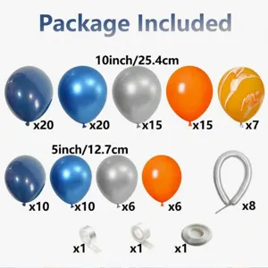 Gedetailleerd overzicht met verschillende maten en kleuren latex ballonnen en feestartikelen.
