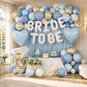 Kit arco palloncini Bride to be blu bianco oro gigante anello foglia sfondo festa
