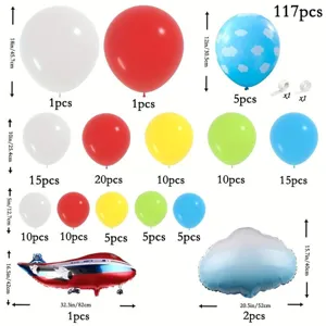 Image de détail des composants du kit de ballons thème avion montrant tailles et quantités.