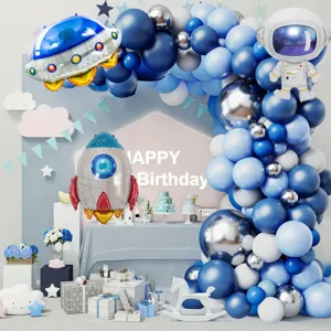 Ruimte thema verjaardag feest ballon boog set met astronaut raket en blauwe zilveren ballonnen