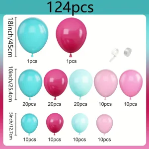 Balloon kit components breakdown showing 124pcs assorted sizes 18 10 5 inch in pink and blue.