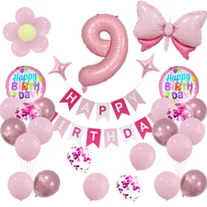 Conjunto de globos para fiesta de cumpleaños rosa con número 9, confeti y guirlanda.