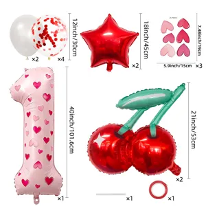 Cherry heart balloon set detail showing various sizes and items included for party decor.