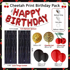 Detailed view of birthday balloon set with foil letters, fringe curtain and leopard print.