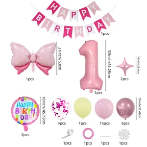 Set de globos para fiesta de cumpleaños infantil con pancarta y decoraciones variadas.
