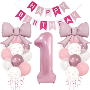 Ensemble de ballons de fête d'anniversaire roses avec ballon chiffre 1 et jolie banderole.