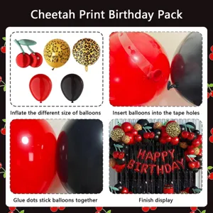 Retro cherry balloon arch kit with red black and leopard print balloons for birthday party.