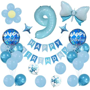 Set de globos de fiesta de cumpleaños azul con globo de aluminio número 9, mariposa y guirlanda.
