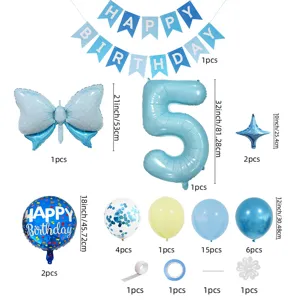 Conjunto de globos de fiesta de cumpleaños azul con globo de aluminio número 5 y pancarta.