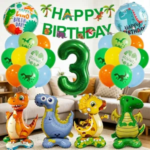 Waldgrünes Dinosaurier Geburtstag Ballon Set mit Nummer 3 Folienballons für Kinder Party