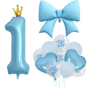 Blaues Nummer 1 Krone Schleife Ballon Set für Baby Jungen Geburtstag Party Deko Zubehör.