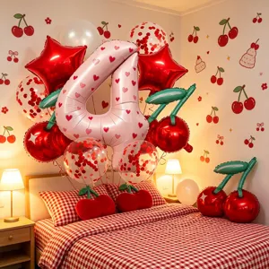 Cherry sweet balloon set birthday party decoration with number four foil balloon and cute heart motifs.