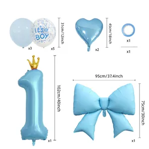 Blaues Geburtstagsparty Ballonset mit Kronennummer eins, großer Schleife und Jungen Ballons.