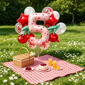 Cherry birthday balloon set with pink number 5 foil balloons for outdoor party decor