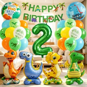 Detailansicht des Dinosaurier Geburtstag Ballonsets mit niedlichen Folienballons und Zahl 2.