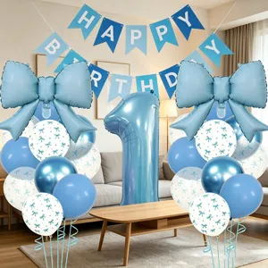Kit ballon anniversaire nœud bleu avec bannière, idéal pour décoration de fête première année.