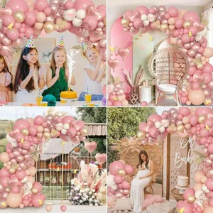 Pink gold balloon arch garland kit with butterflies for birthday party backdrop decor.