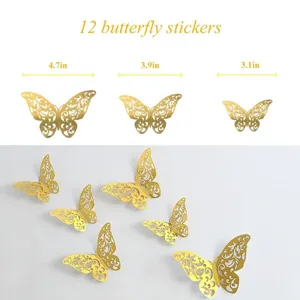Gold butterfly wall stickers 12pcs 3D hollow metallic butterfly decor for home party bedroom