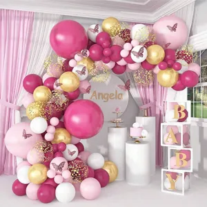 Pink and gold butterfly balloon arch kit, romantic birthday party backdrop decoration set.