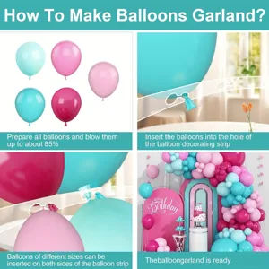 Detailed instruction guide showing step-by-step balloon garland assembly and setup.