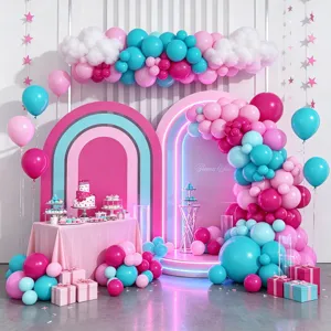 Birthday party balloon arch backdrop decoration set with pink blue balloons for kids.
