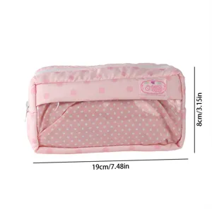 Pink polka dot pencil pouch detail, clear window design, compact and cute student stationery bag.